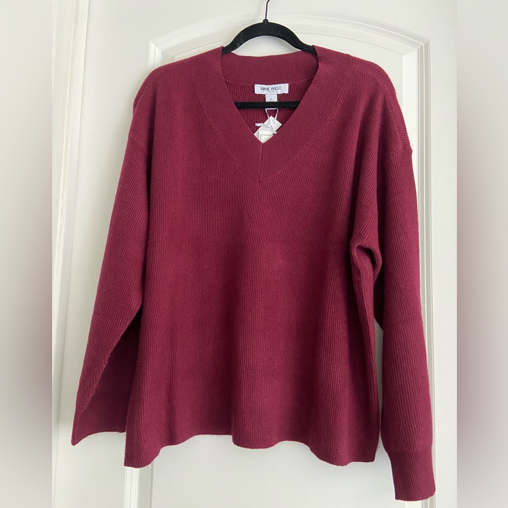 Nine West Burgundy Ribbed V Neck Sweater XL
